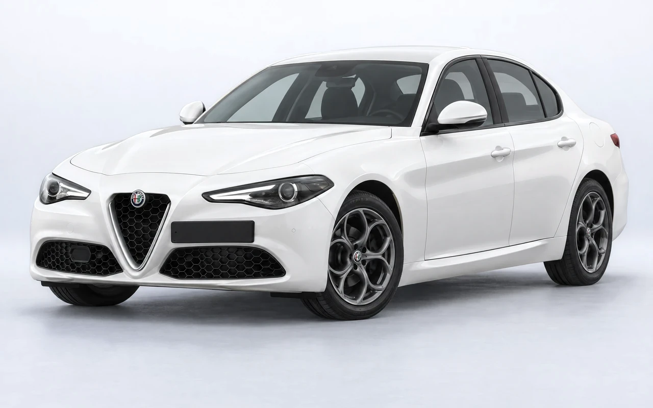 AI-genereret illustration af en hvid Alfa Romeo Giulia, set skråt forfra.