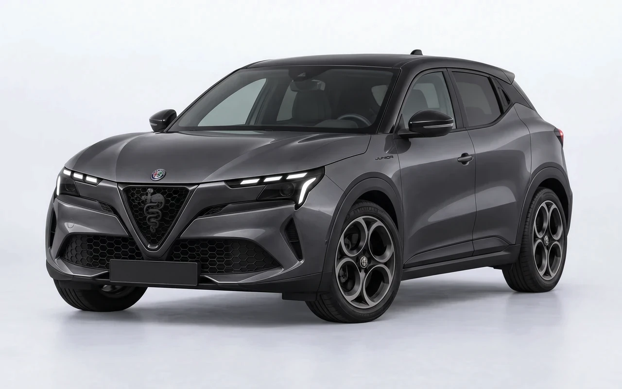AI-genereret illustration af en mørkegrå Alfa Romeo Junior, set skråt forfra.