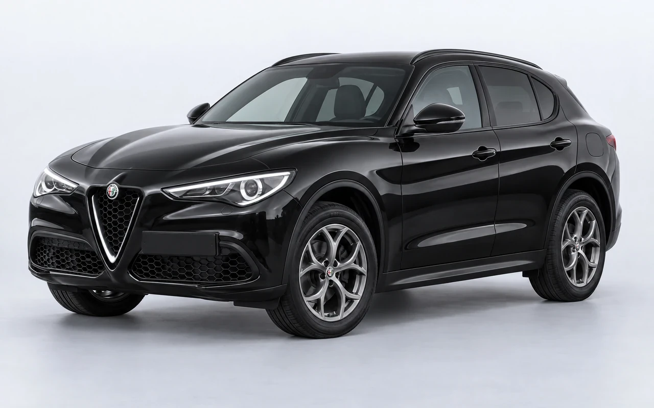 AI-genereret illustration af en sort Alfa Romeo Stelvio, set skråt forfra.