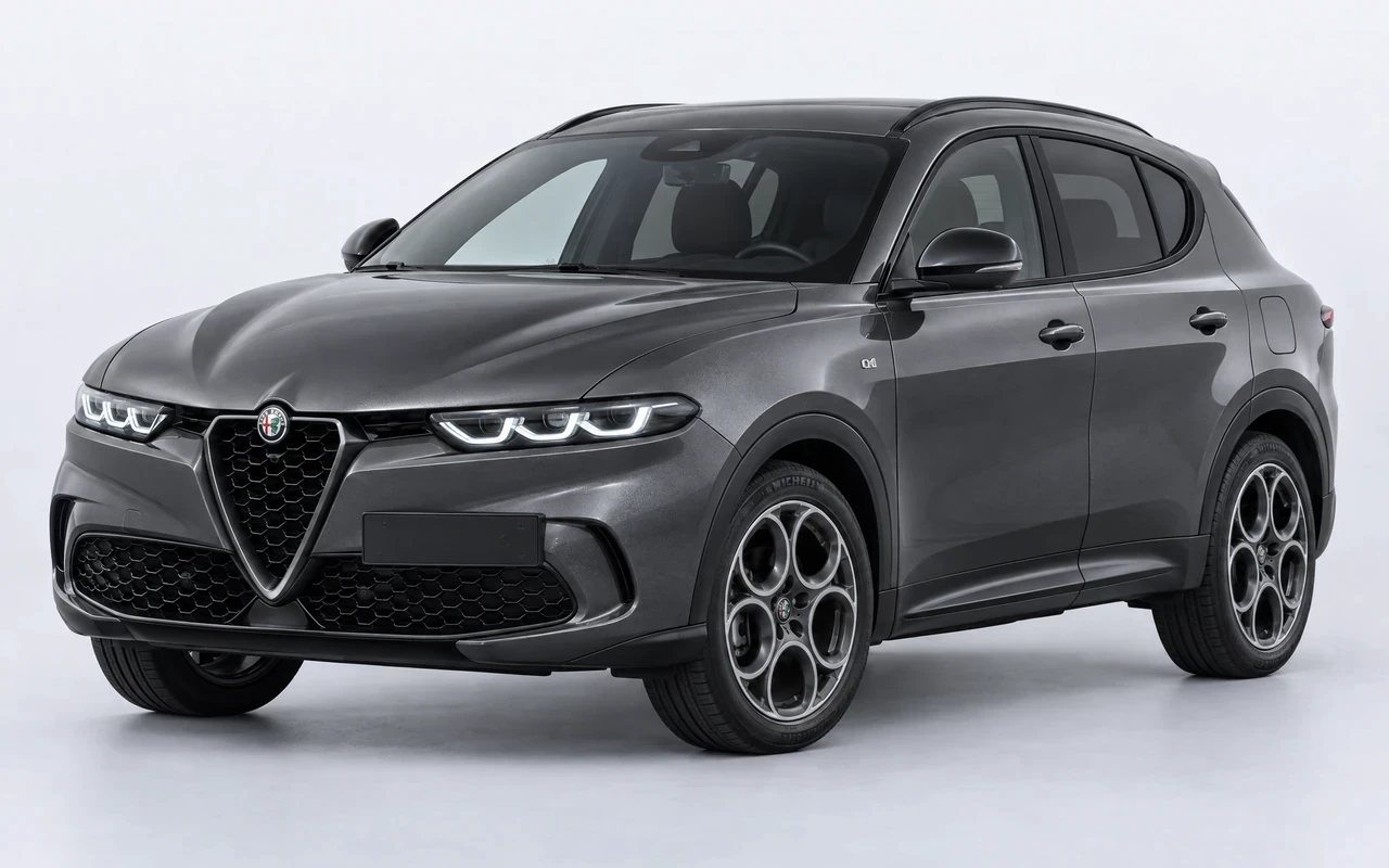 AI-genereret illustration af en mørkegrå Alfa Romeo Tonale Plug-in Hybrid Q4, set skråt forfra.