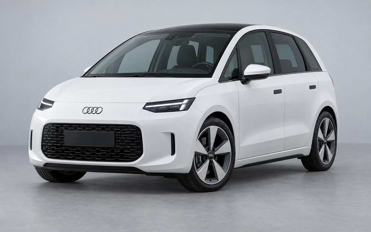 AI-genereret illustration af en hvid Audi A2 e-tron, set skråt forfra.