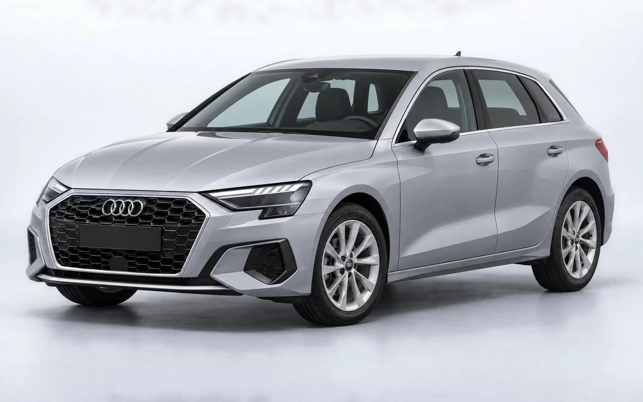 AI-genereret illustration af en sølvgrå Audi A3 Sportback, set skråt forfra.