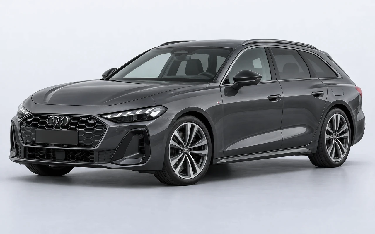 AI-genereret illustration af en mørkegrå Audi A5 Avant e-hybrid, set skråt forfra.