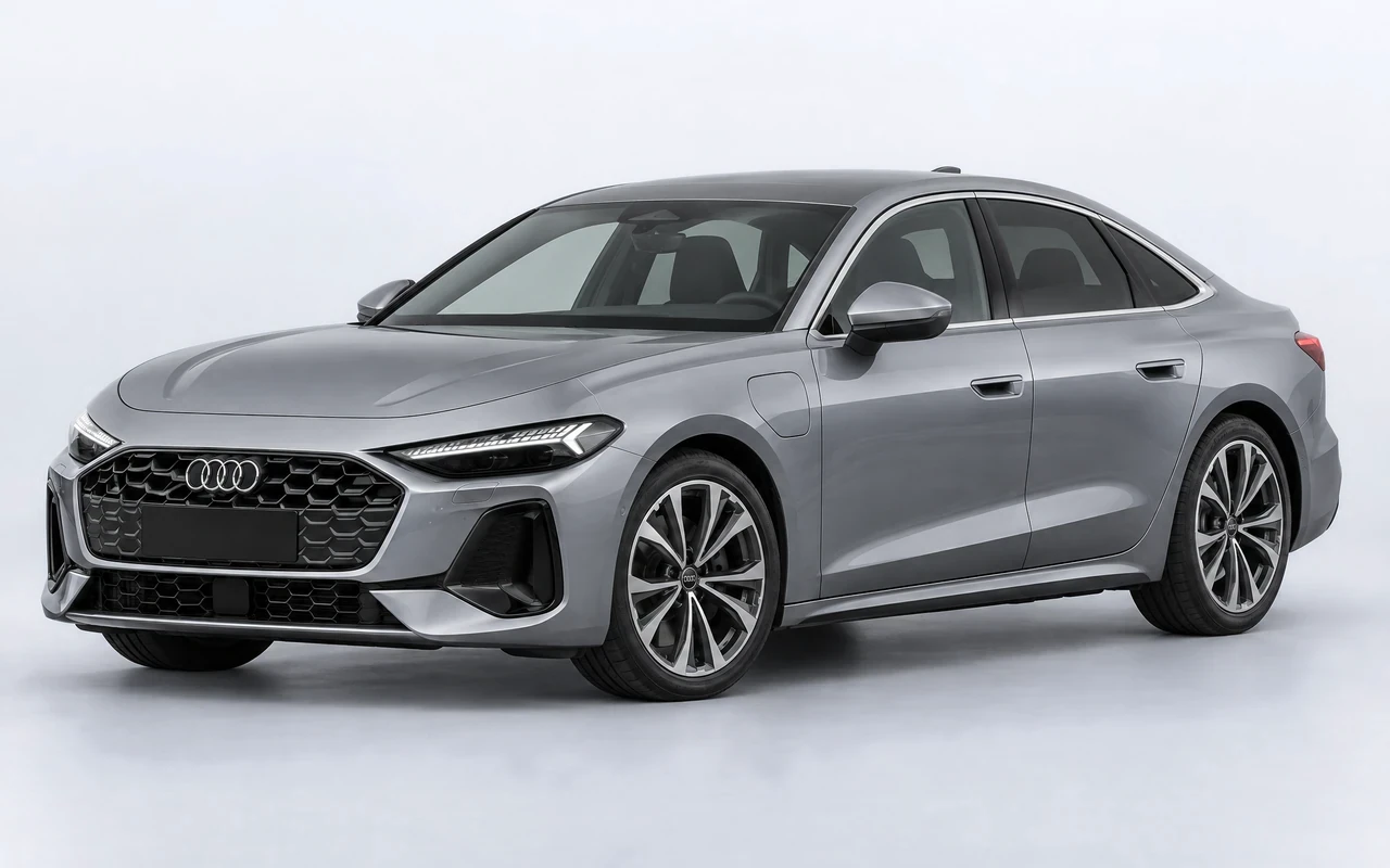 AI-genereret illustration af en sølvgrå Audi A5 Sportback e-hybrid, set skråt forfra.
