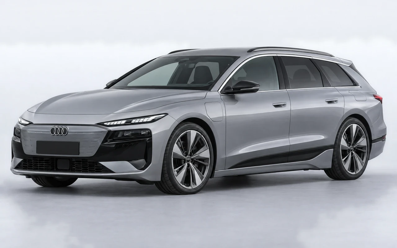 AI-genereret illustration af en sølvgrå Audi A6 Avant e-tron, set skråt forfra.