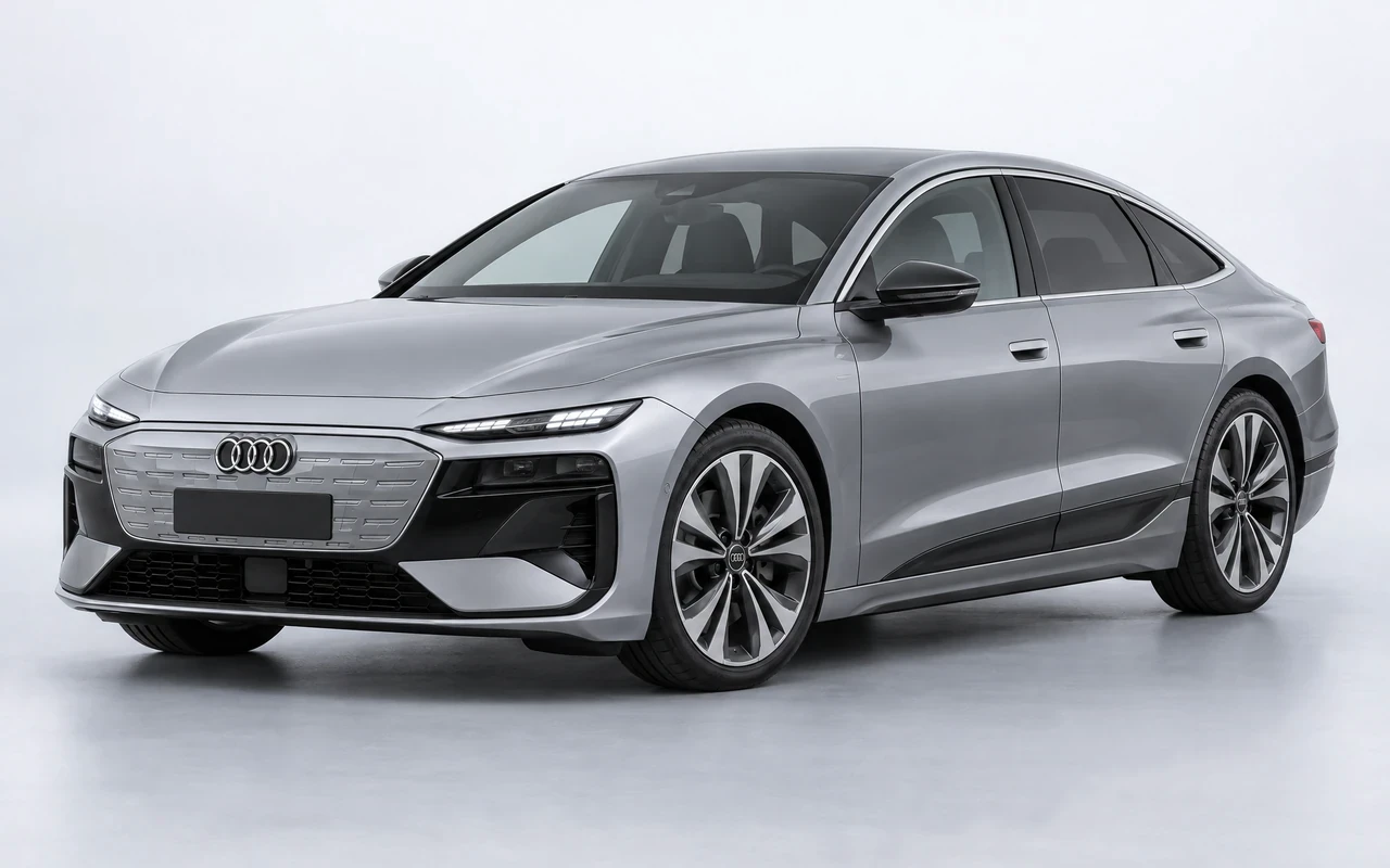 AI-genereret illustration af en sølvgrå Audi A6 Sportback e-tron, set skråt forfra.