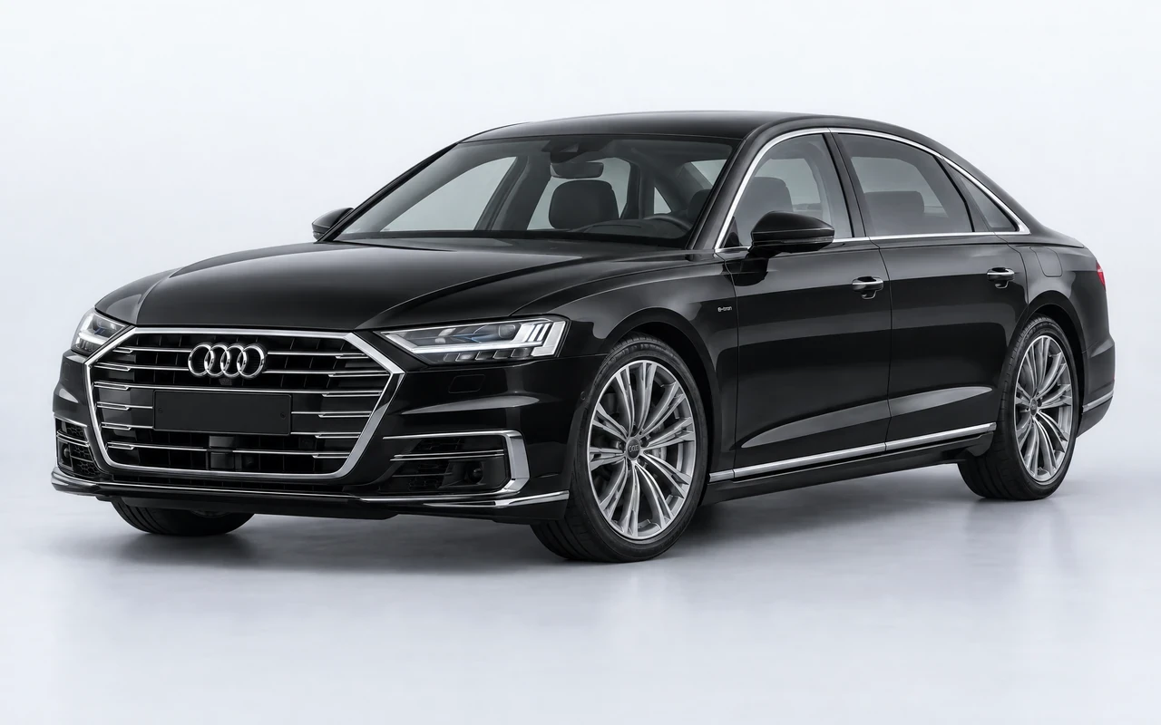 AI-genereret illustration af en sort Audi A8 60 TFSI e, set skråt forfra.