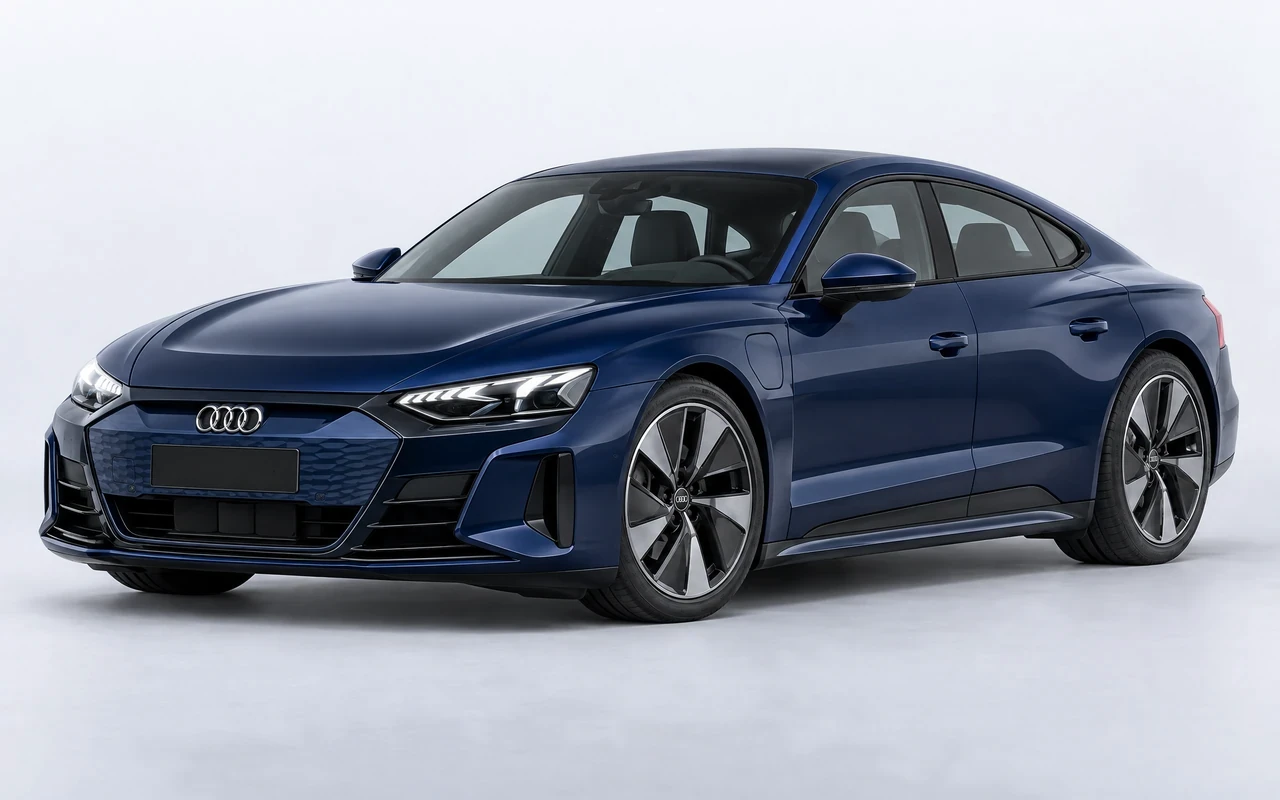 AI-genereret illustration af en mørkeblå Audi e-tron GT quattro, set skråt forfra.