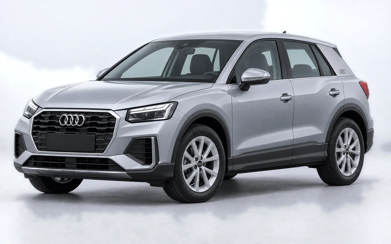 AI-genereret illustration af en sølvgrå Audi Q2, set skråt forfra.