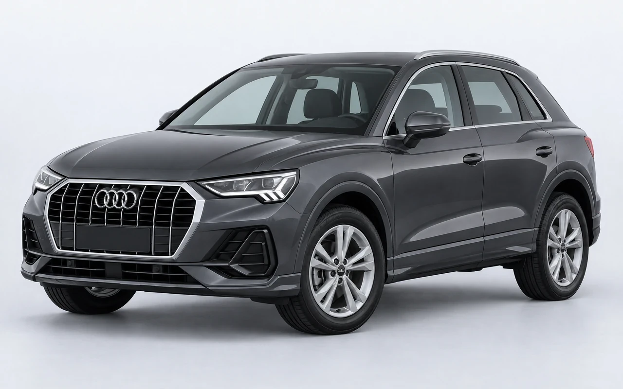 AI-genereret illustration af en mørkegrå Audi Q3 35 TFSI, set skråt forfra.