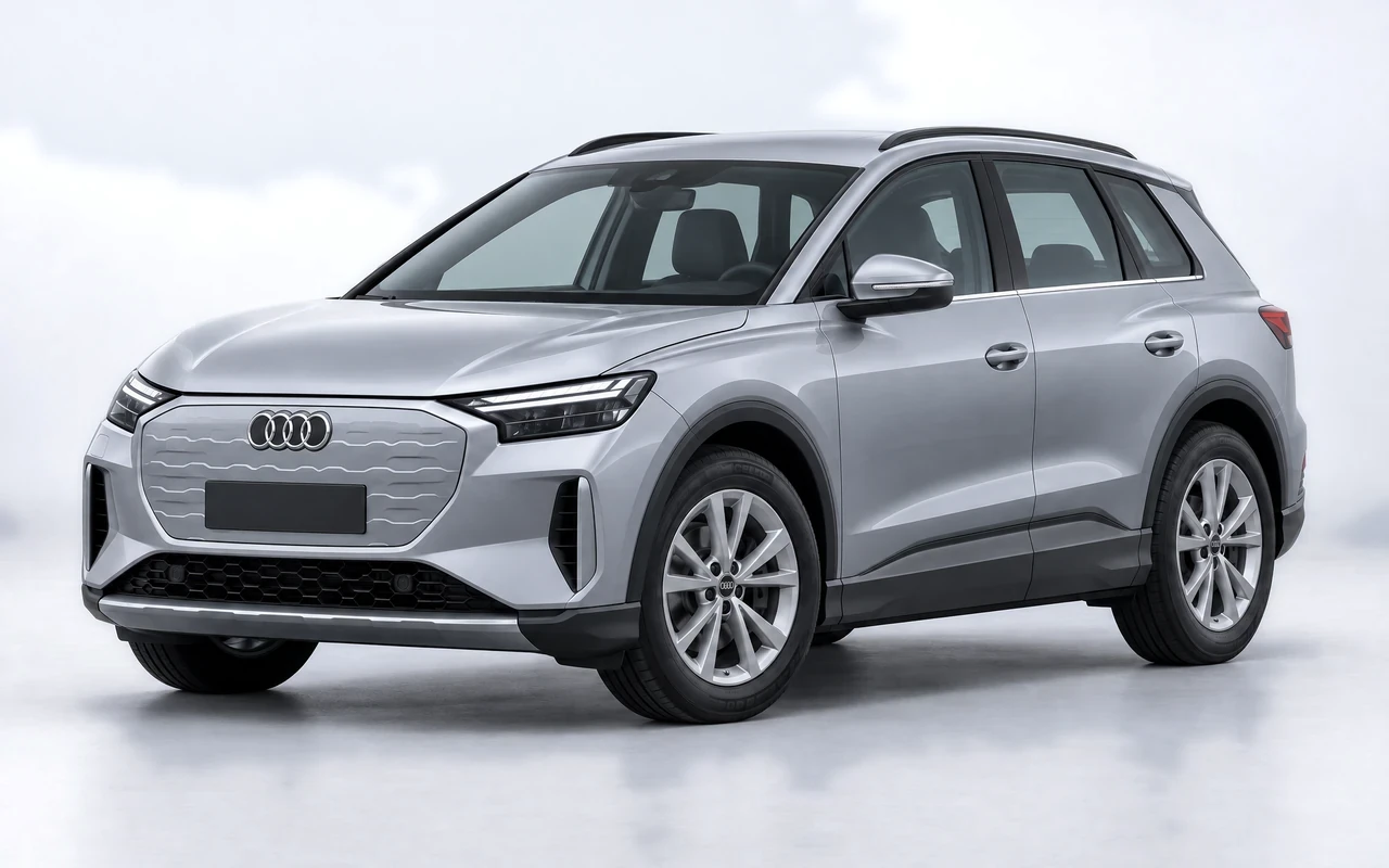 AI-genereret illustration af en sølvgrå Audi Q4 e-tron, set skråt forfra.