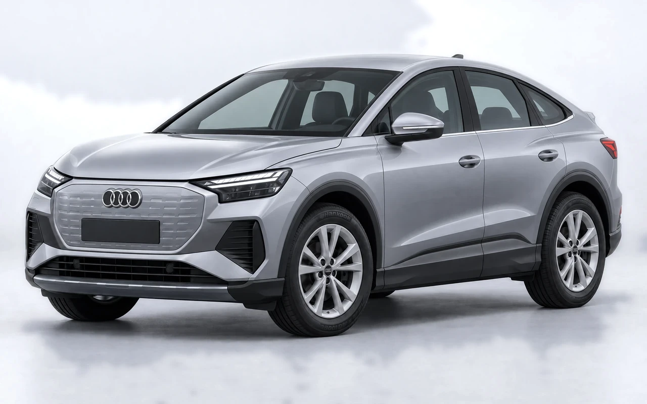 AI-genereret illustration af en sølvgrå Audi Q4 Sportback e-tron, set skråt forfra.