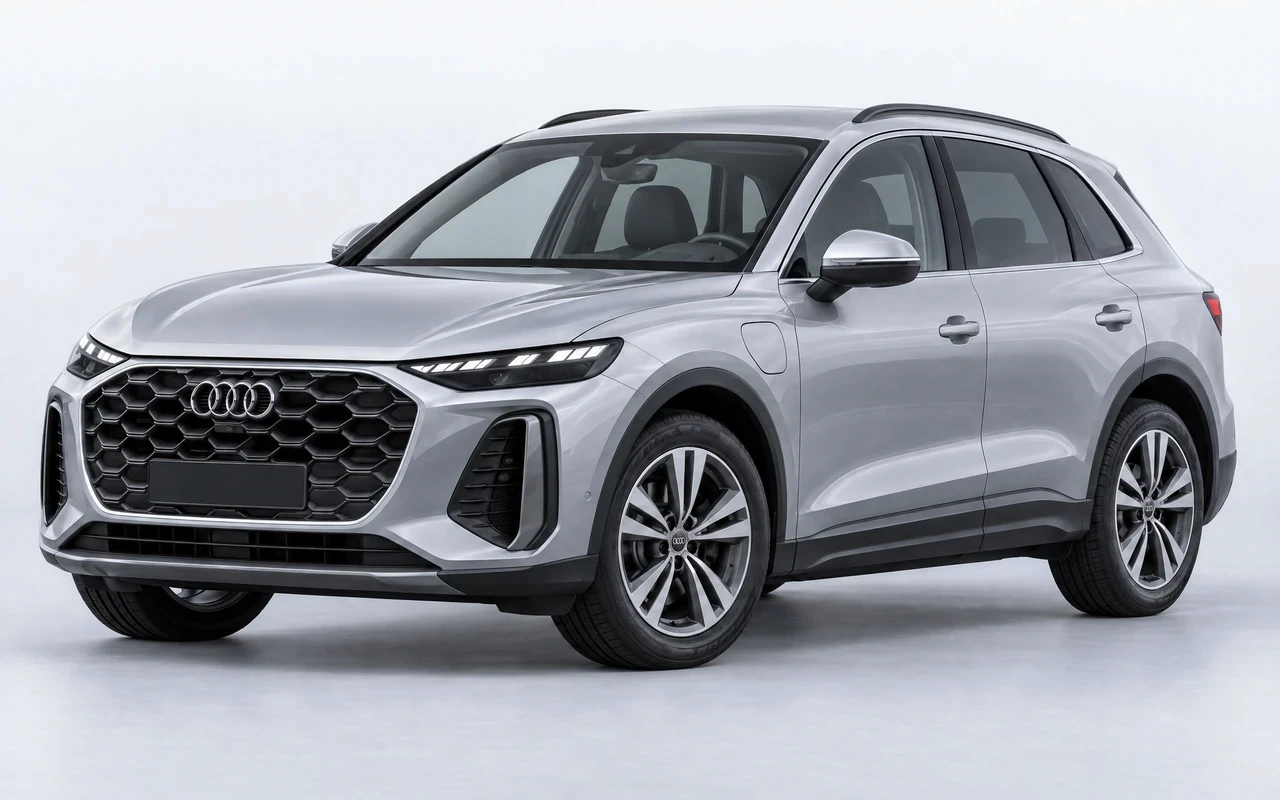 AI-genereret illustration af en sølvgrå Audi Q5 e-hybrid, set skråt forfra.