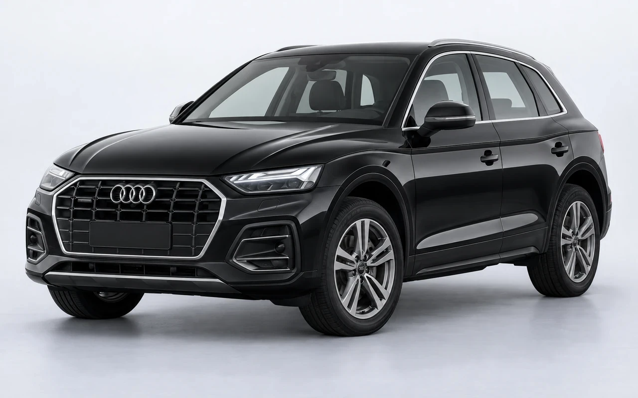 AI-genereret illustration af en sort Audi Q5 TFSI, set skråt forfra.