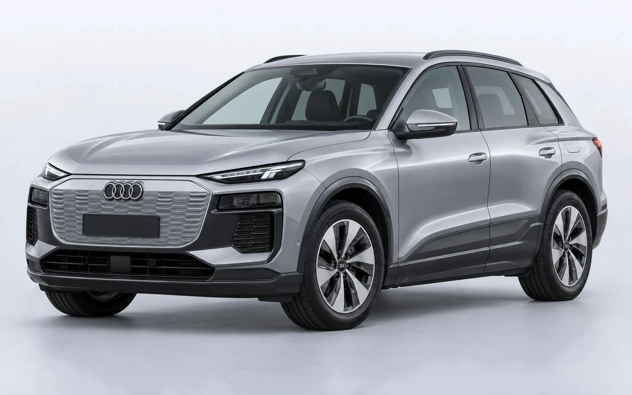 AI-genereret illustration af en sølvgrå Audi Q6 e-tron, set skråt forfra.
