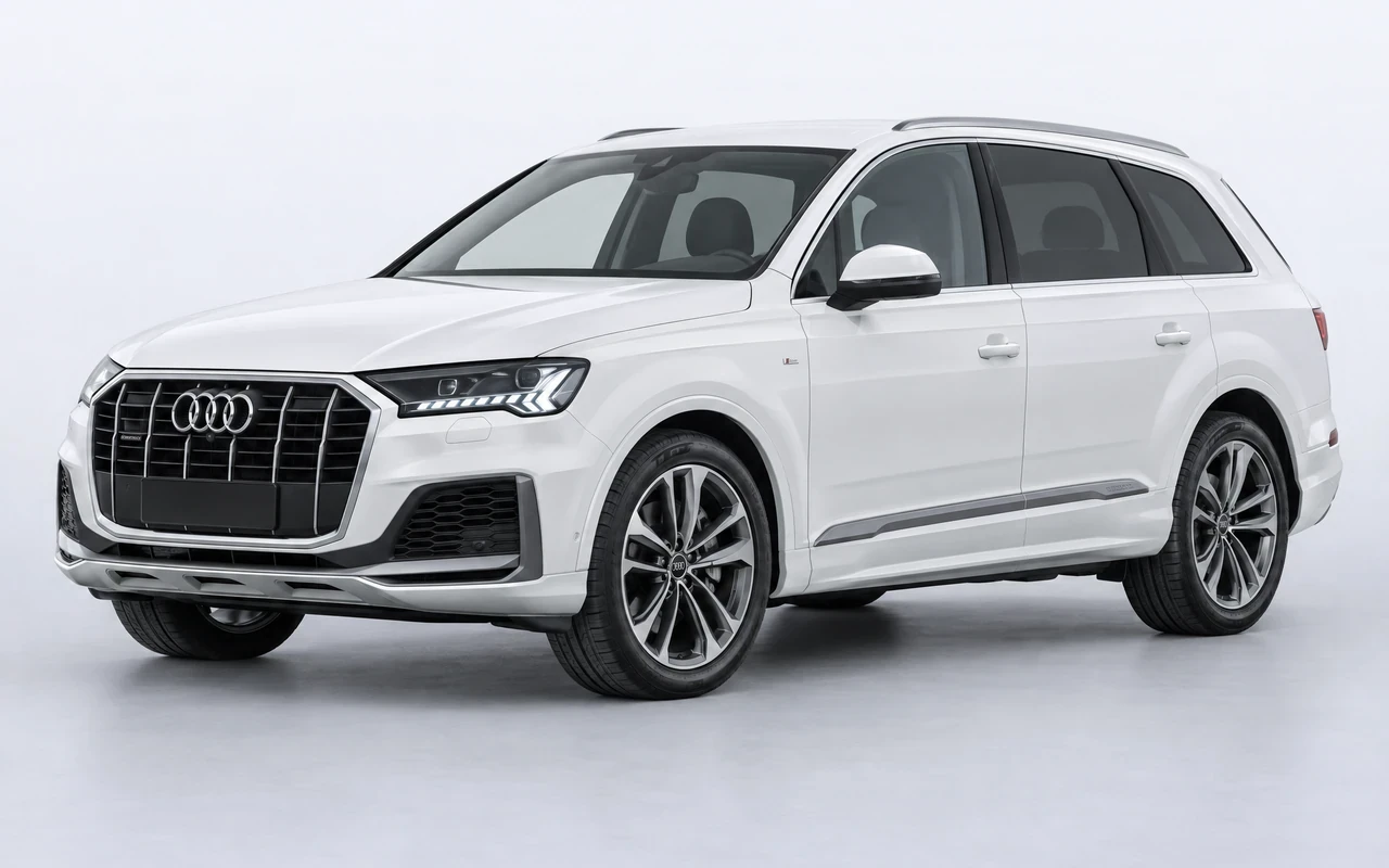 AI-genereret illustration af en hvid Audi Q7 55 TFSI e, set skråt forfra.
