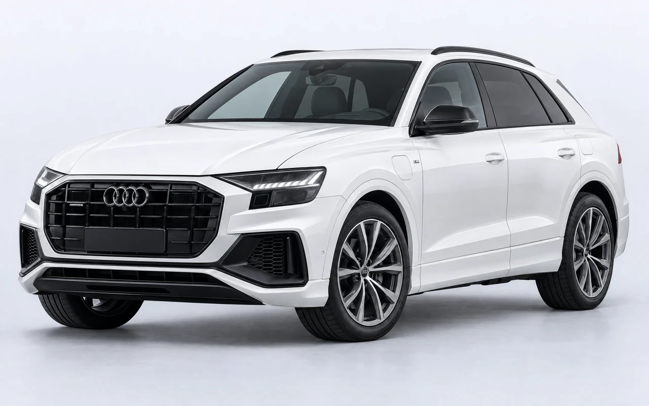 AI-genereret illustration af en hvid Audi Q8 60 TFSI e, set skråt forfra.
