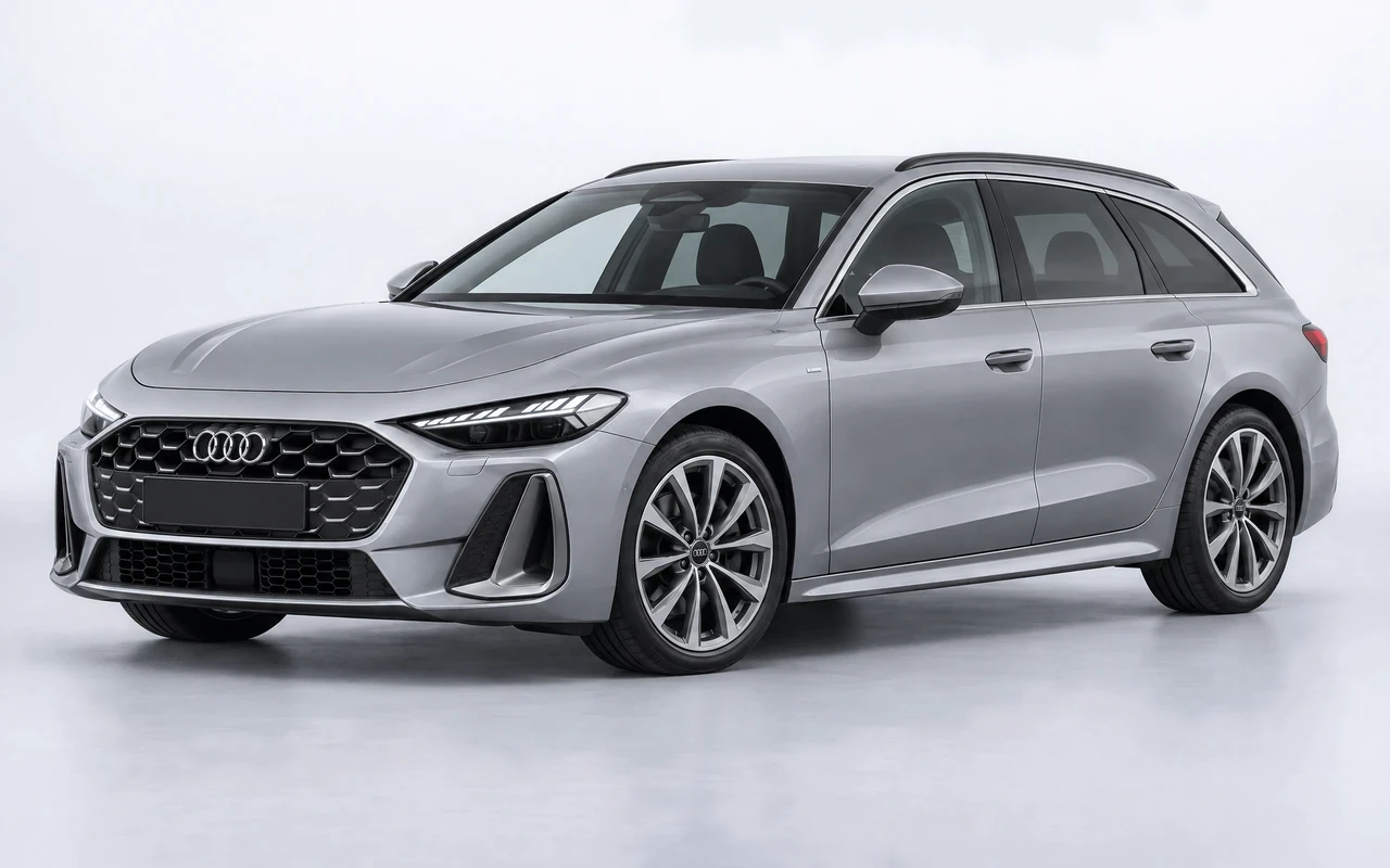 AI-genereret illustration af en sølvgrå Audi S5 Avant, set skråt forfra.
