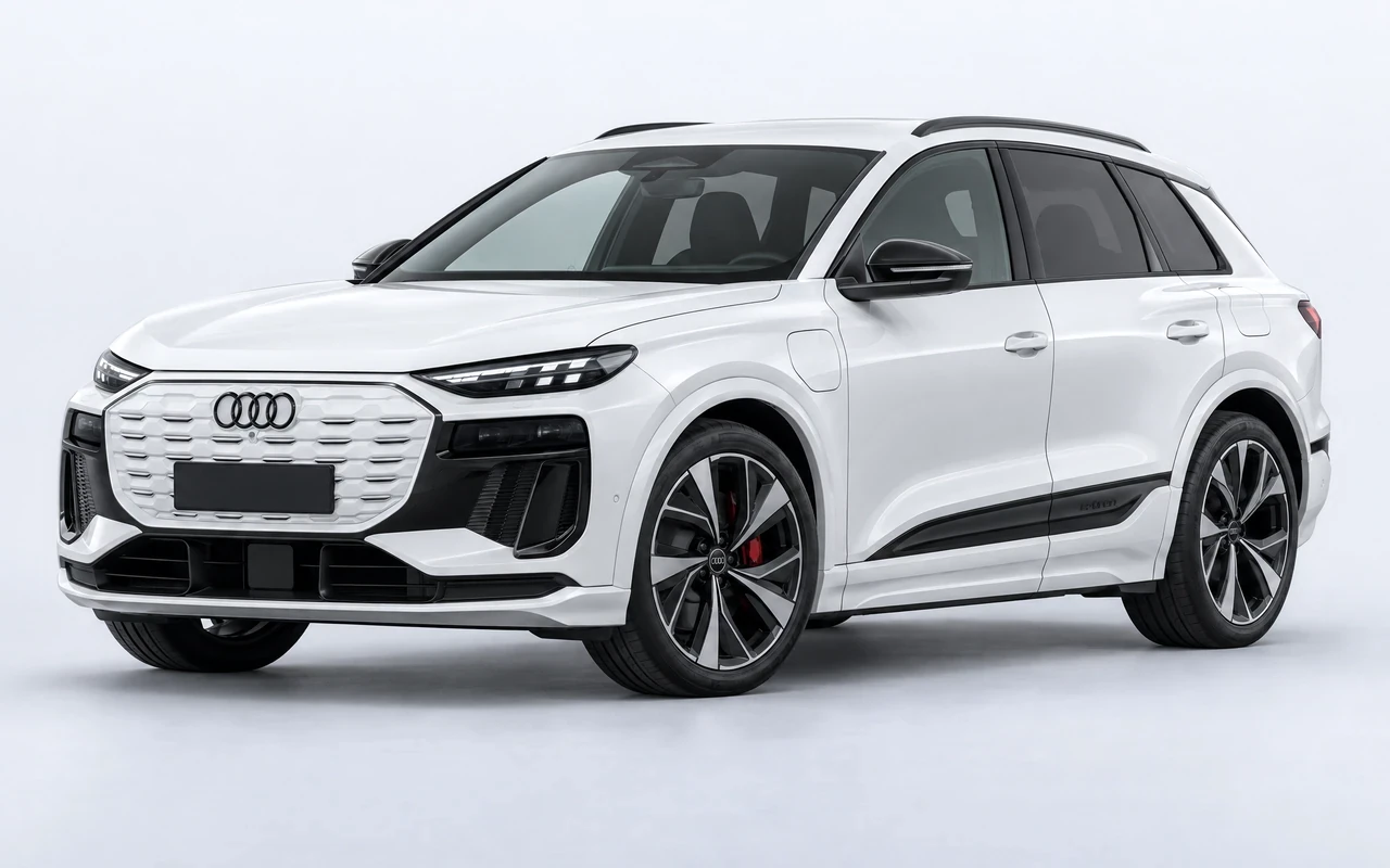 AI-genereret illustration af en hvid Audi SQ6 e-tron, set skråt forfra.
