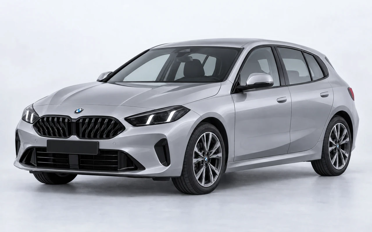AI-genereret illustration af en sølvgrå BMW 120, set skråt forfra.