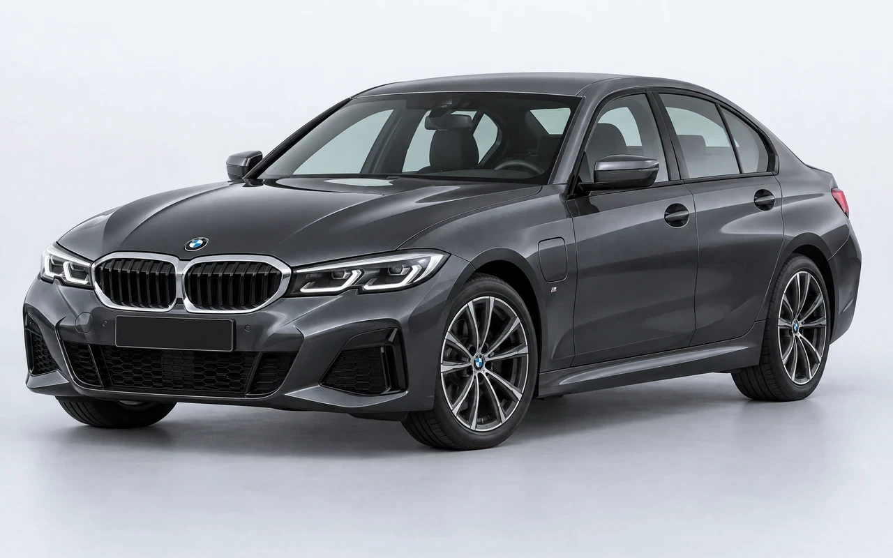 AI-genereret illustration af en mørkegrå BMW 3-serie 330e, set skråt forfra.