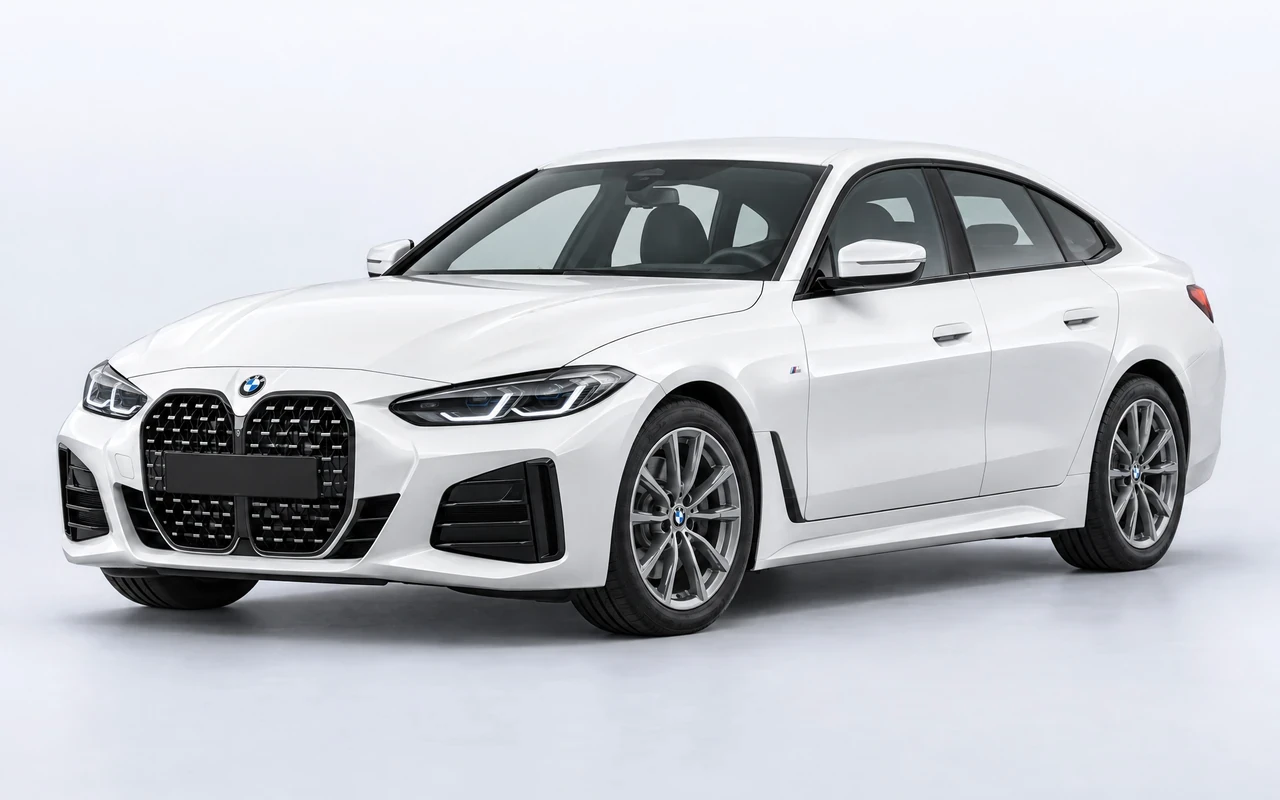 AI-genereret illustration af en hvid BMW 4-serie Gran Coupé 420i, set skråt forfra.