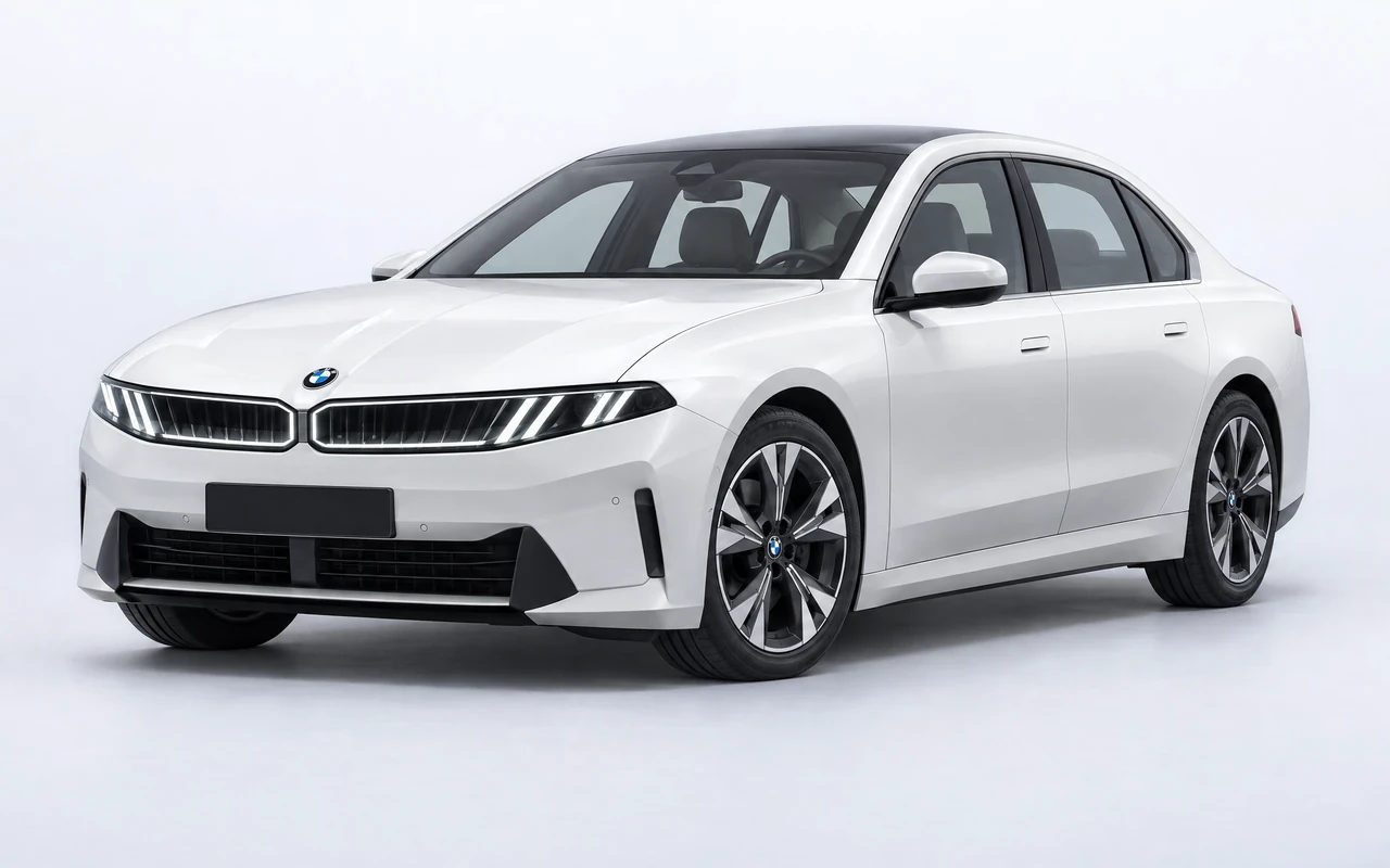 AI-genereret illustration af en hvid BMW i3 (Neue Klasse), set skråt forfra.