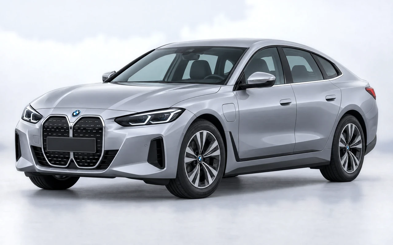 AI-genereret illustration af en sølvgrå BMW i4, set skråt forfra.