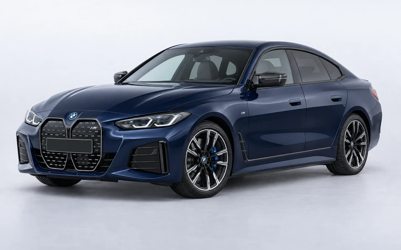 AI-genereret illustration af en mørkeblå BMW i4 M50, set skråt forfra.