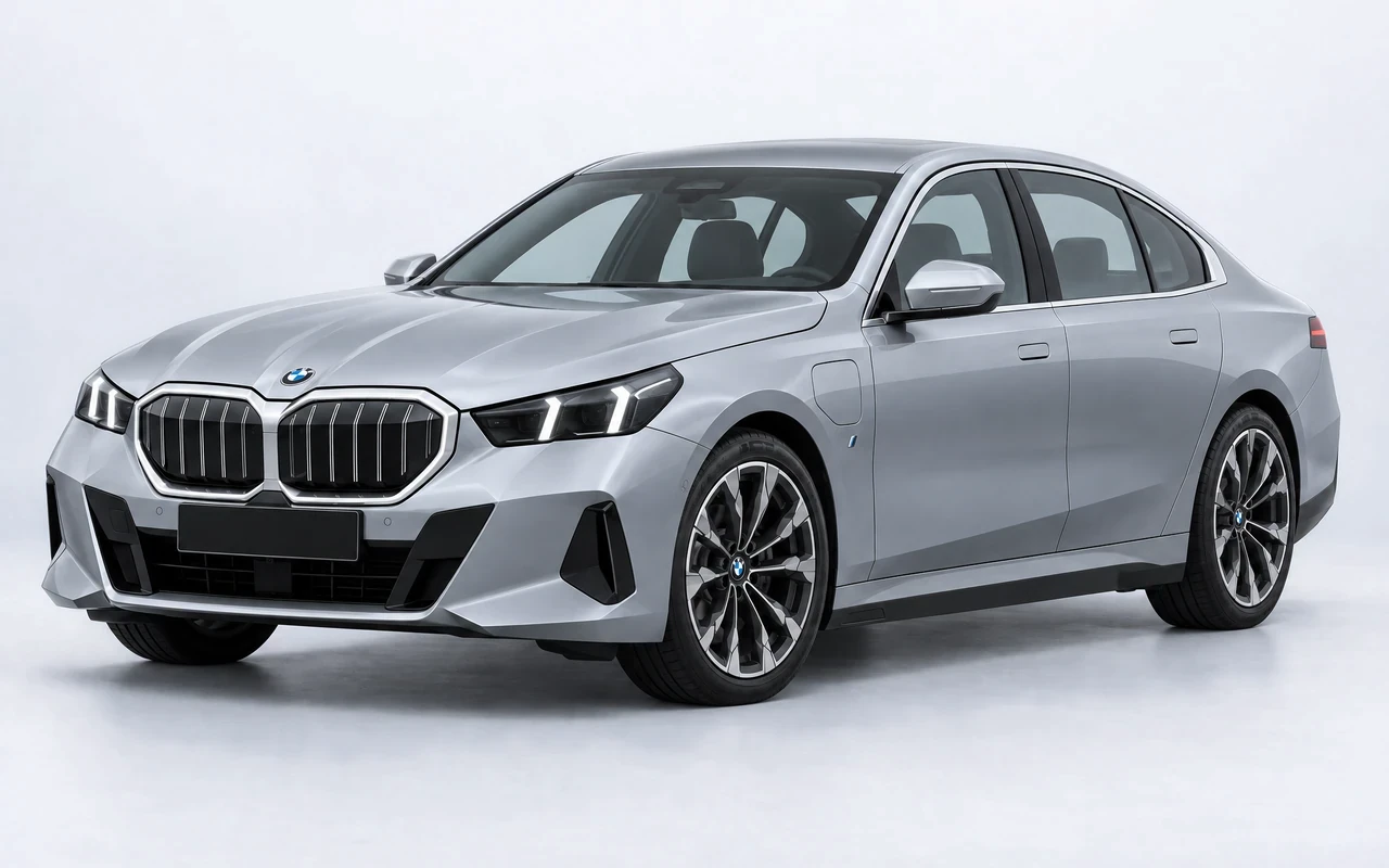 AI-genereret illustration af en sølvgrå BMW i5, set skråt forfra.