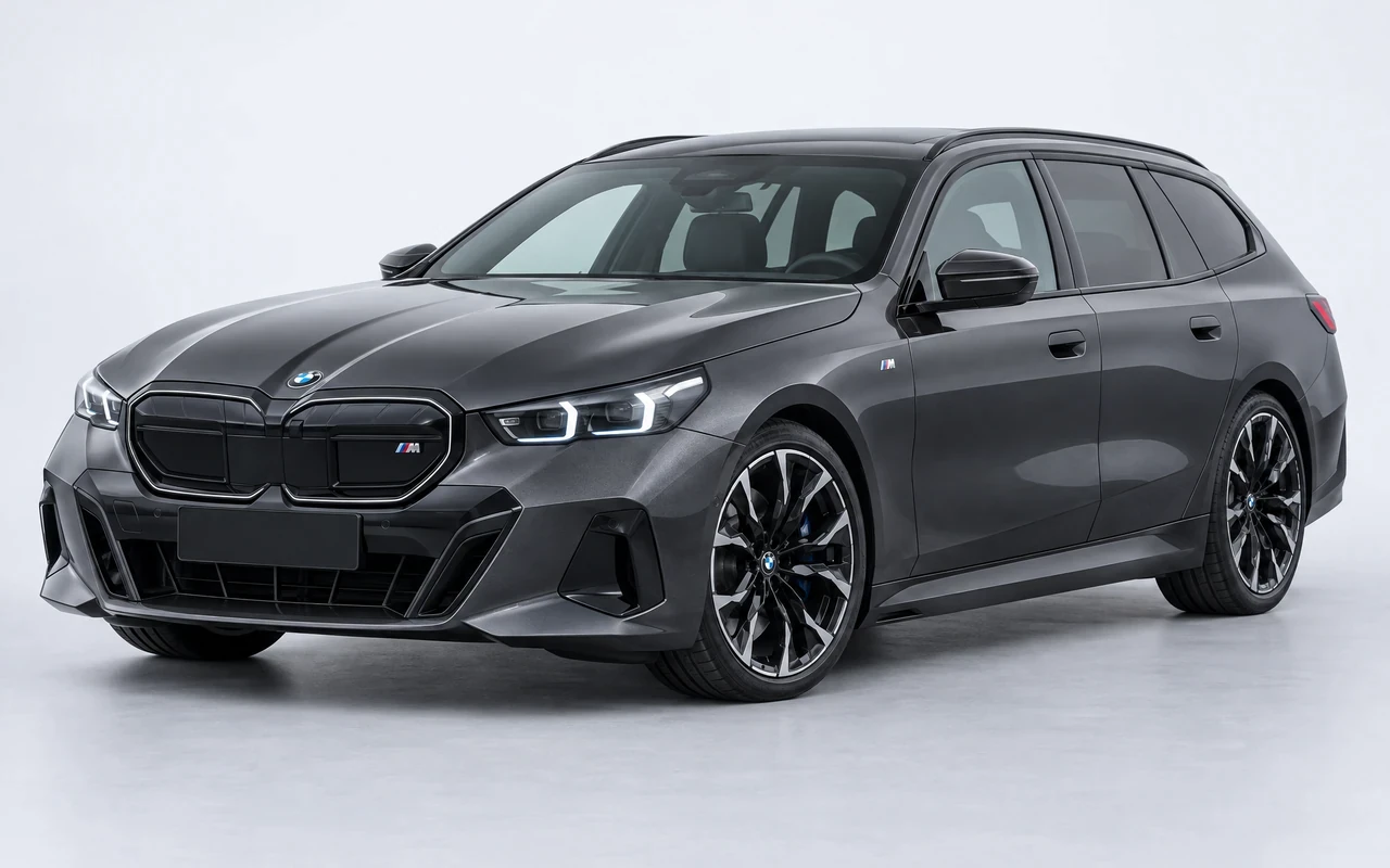 AI-genereret illustration af en mørkegrå BMW i5 M60 Touring, set skråt forfra.