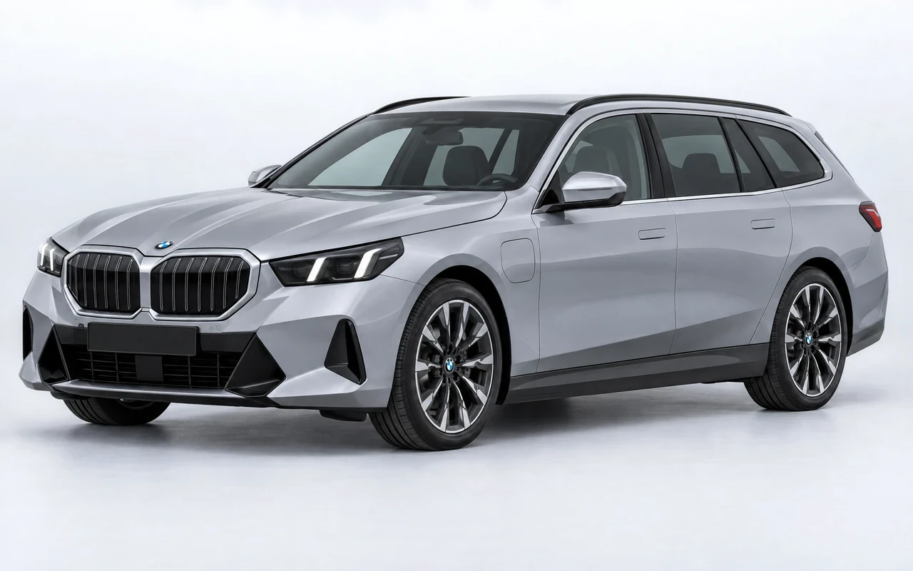 AI-genereret illustration af en sølvgrå BMW i5 Touring, set skråt forfra.