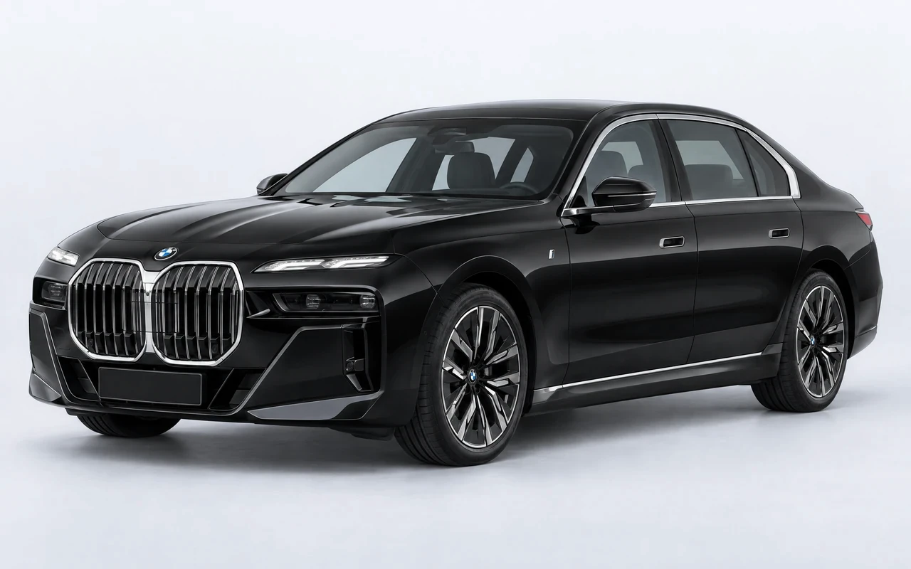 AI-genereret illustration af en sort BMW i7 xDrive60, set skråt forfra.