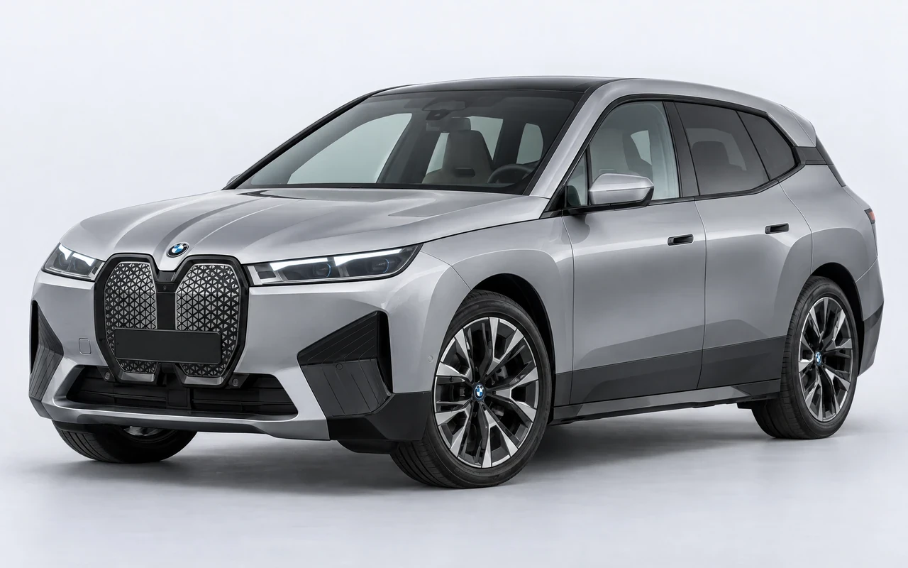 AI-genereret illustration af en sølvgrå BMW iX, set skråt forfra.