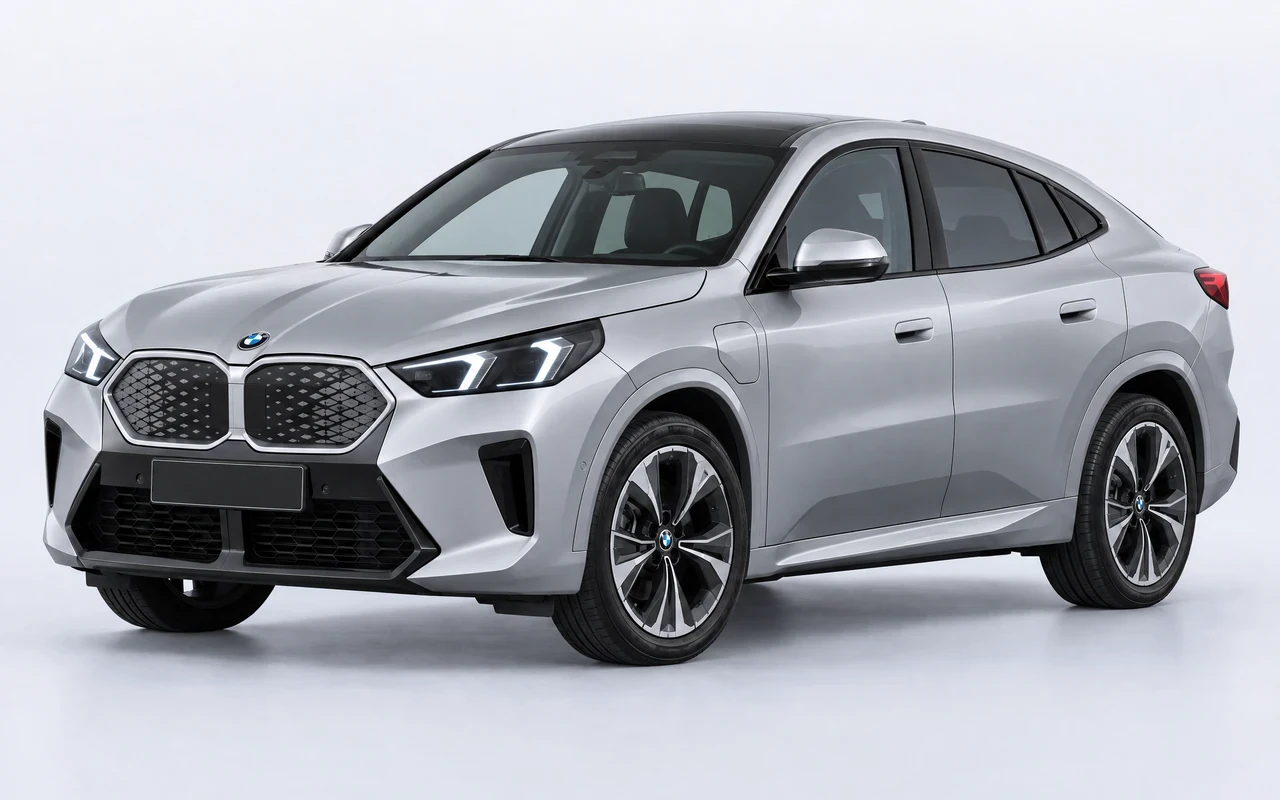 AI-genereret illustration af en sølvgrå BMW iX2, set skråt forfra.