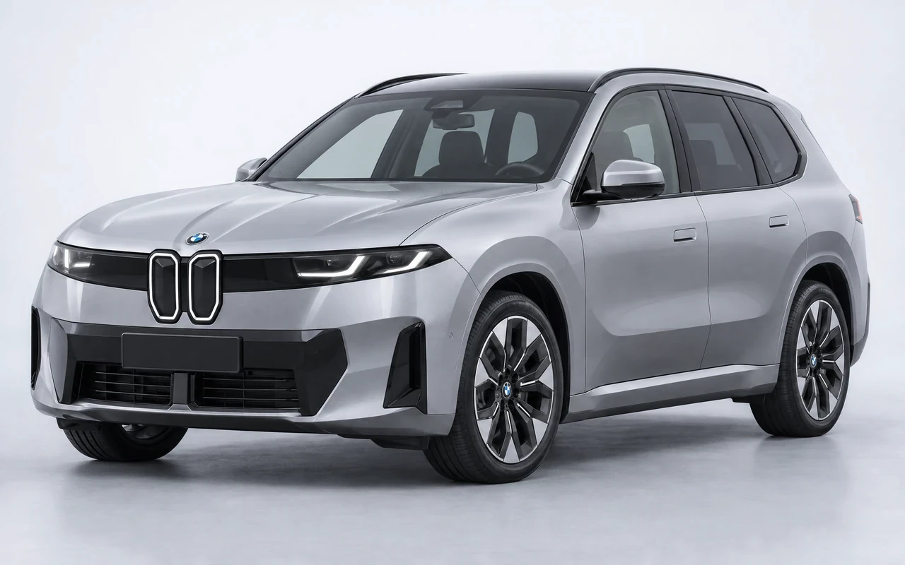 AI-genereret illustration af en sølvgrå BMW iX3, set skråt forfra.