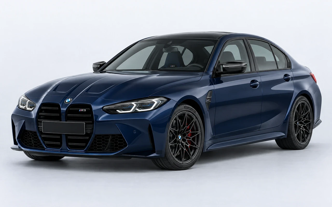 AI-genereret illustration af en mørkeblå BMW M3 Competition, set skråt forfra.