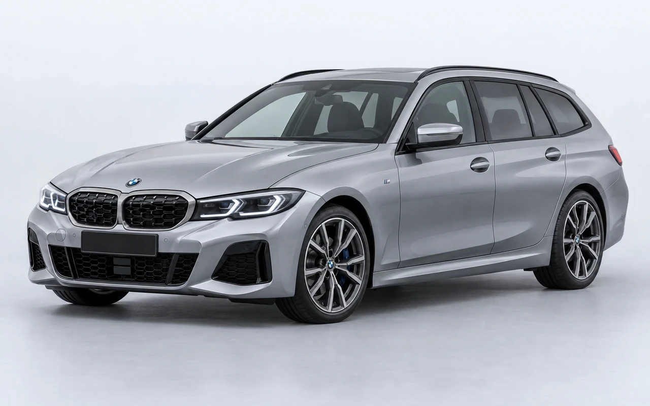 AI-genereret illustration af en sølvgrå BMW M340i Touring, set skråt forfra.