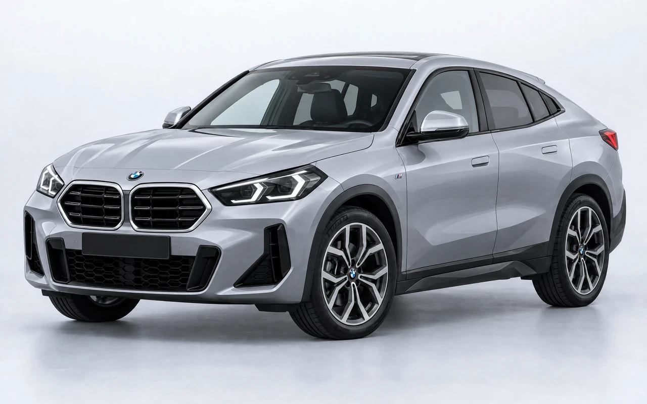 AI-genereret illustration af en sølvgrå BMW X2, set skråt forfra.