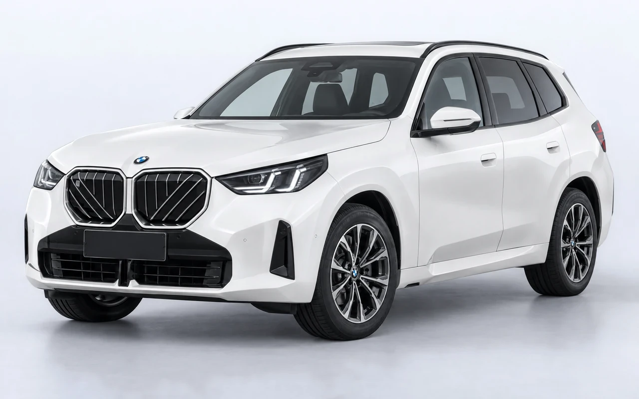 AI-genereret illustration af en hvid BMW X3 xDrive20, set skråt forfra.
