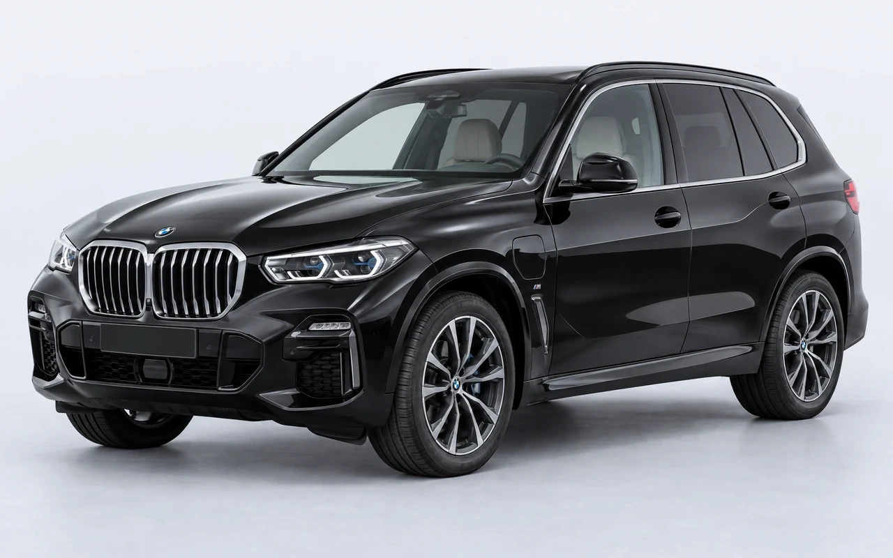 AI-genereret illustration af en sort BMW X5 xDrive50e, set skråt forfra.