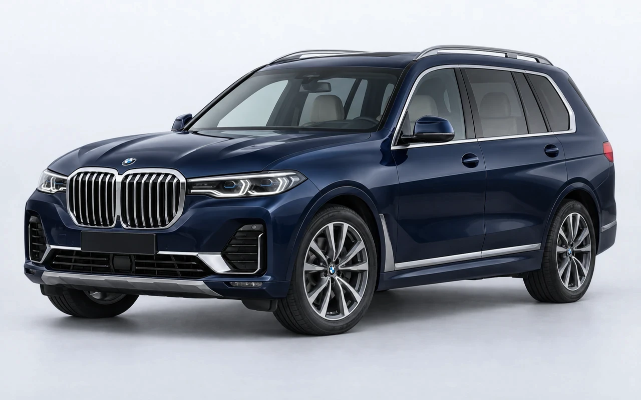 AI-genereret illustration af en mørkeblå BMW X7 xDrive40i, set skråt forfra.