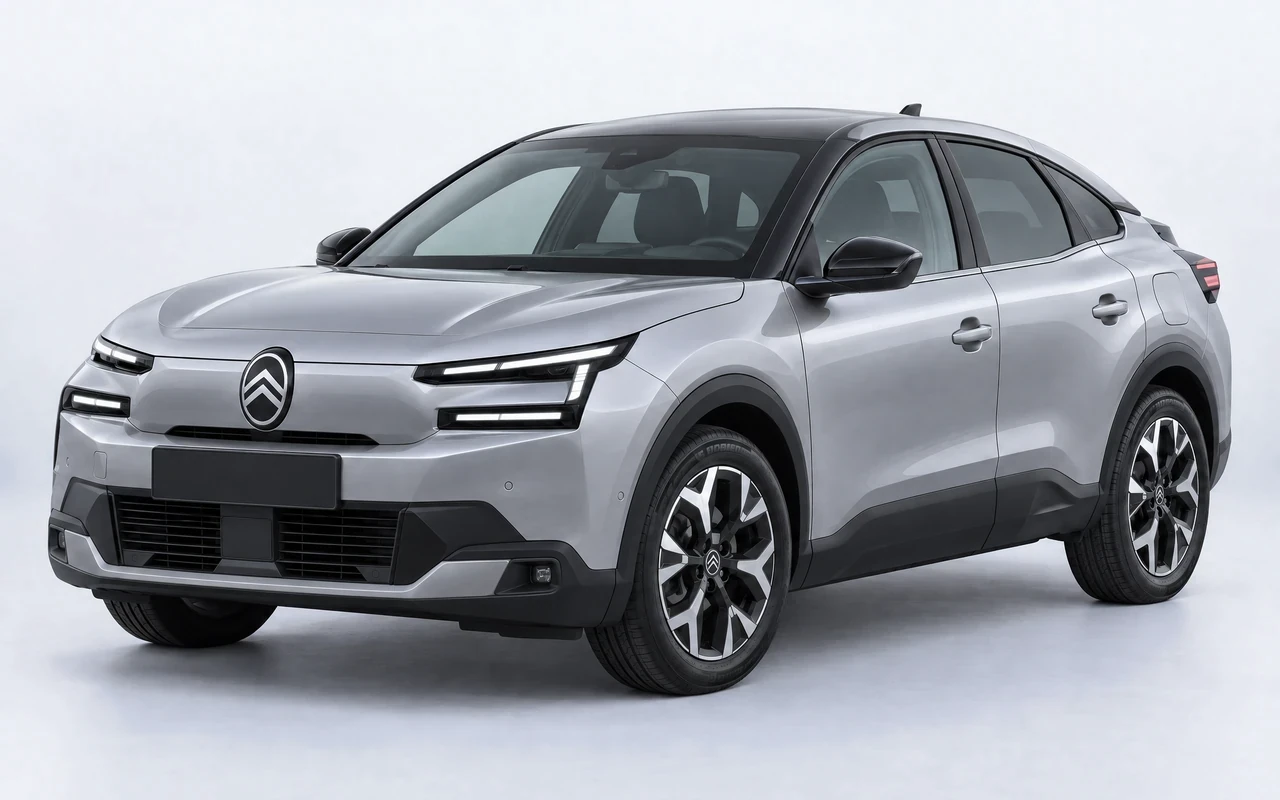 AI-genereret illustration af en sølvgrå Citroën ë-C4, set skråt forfra.