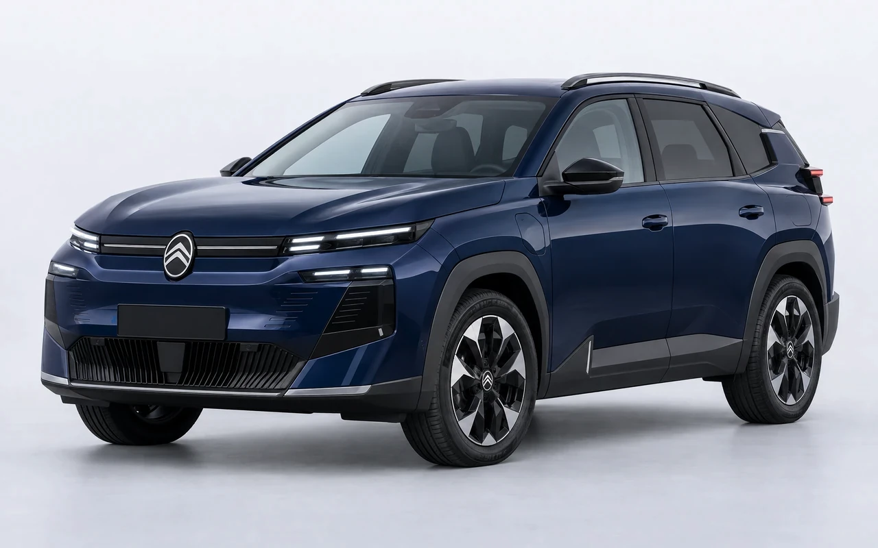 AI-genereret illustration af en mørkeblå Citroën ë-C5 Aircross, set skråt forfra.