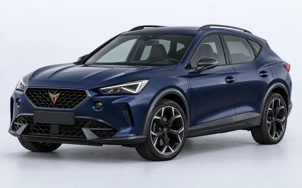 AI-genereret illustration af en mørkeblå Cupra Formentor, set skråt forfra.