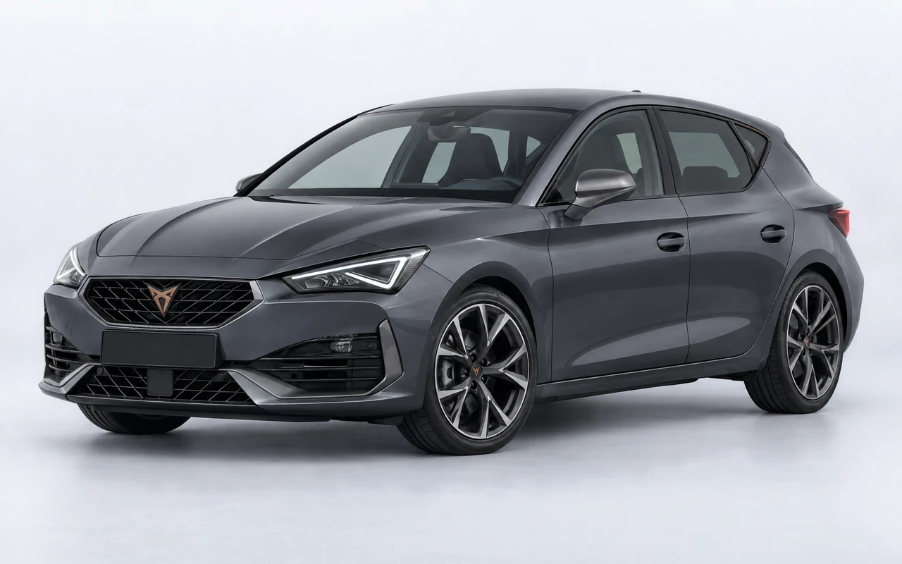 AI-genereret illustration af en mørkegrå Cupra Leon, set skråt forfra.