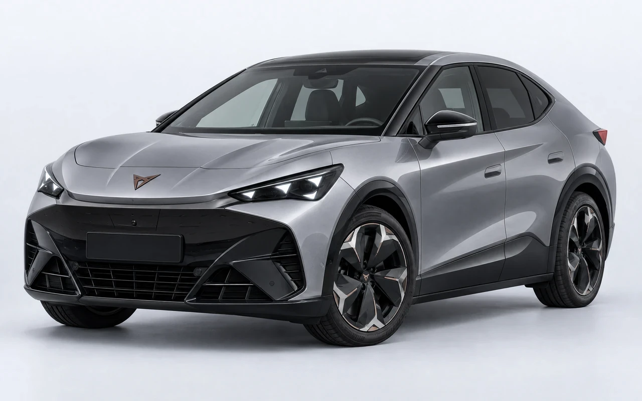 AI-genereret illustration af en sølvgrå Cupra Tavascan, set skråt forfra.