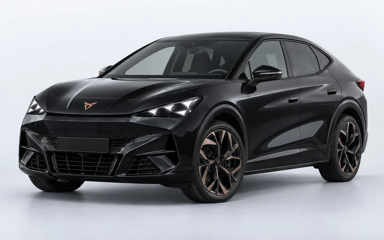 AI-genereret illustration af en sort Cupra Tavascan VZ, set skråt forfra.
