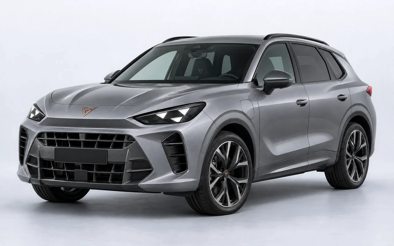 AI-genereret illustration af en sølvgrå Cupra Terramar PHEV, set skråt forfra.