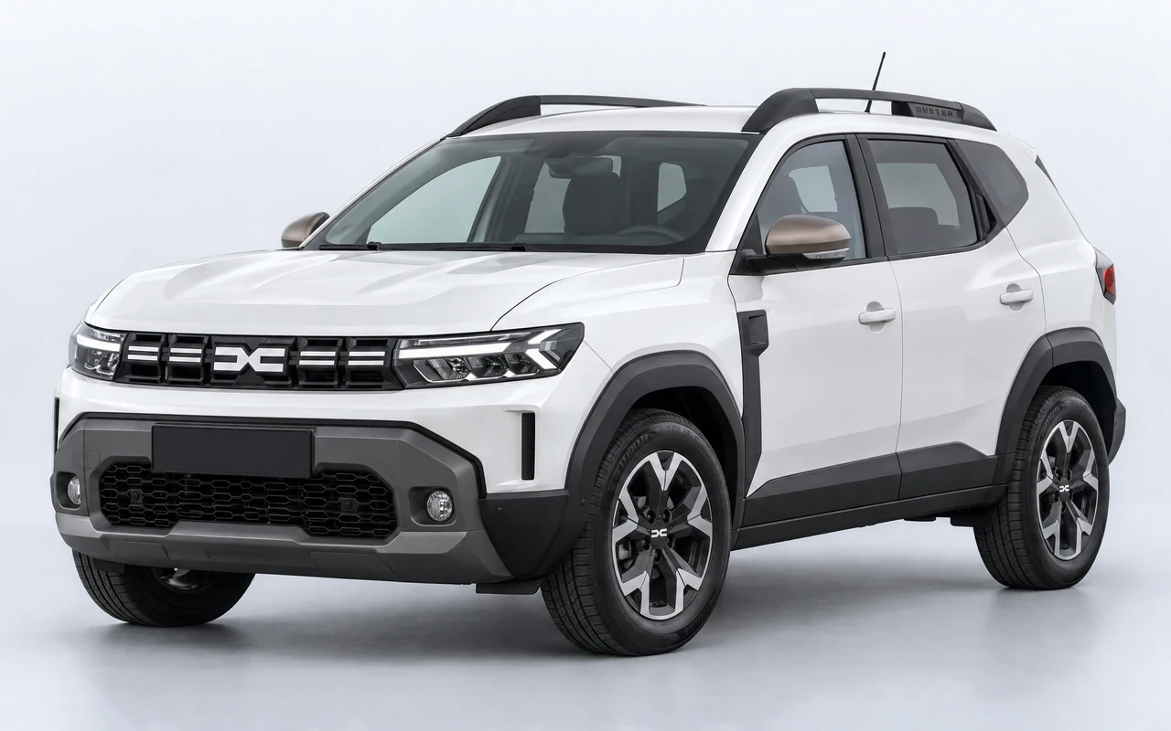 AI-genereret illustration af en hvid Dacia Duster, set skråt forfra.